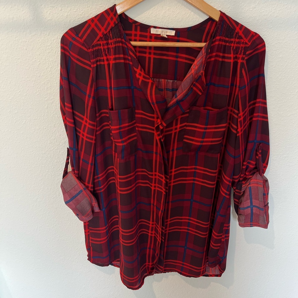 Skies are Blue Viper Plaid Split Neck Blouse